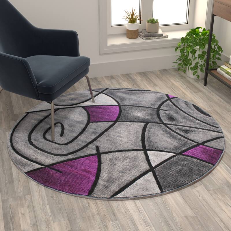 Modern Olefin Accent Area Rug - Abstract Pattern - 5' Round - Purple
