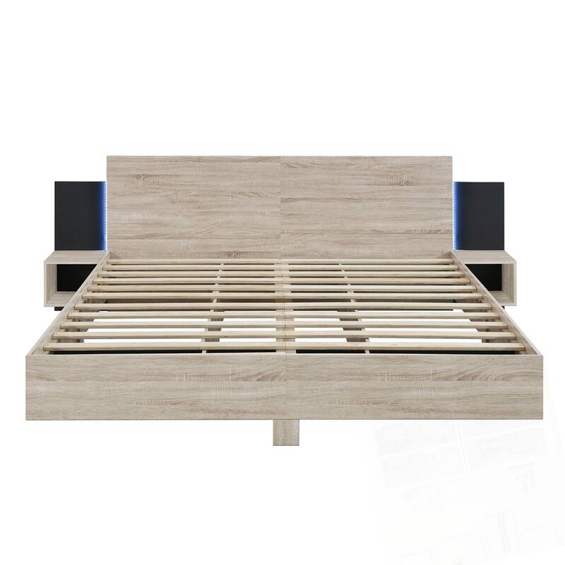 Wooden Floating Platform Bed, with LED Lights and Bedside Nightstand