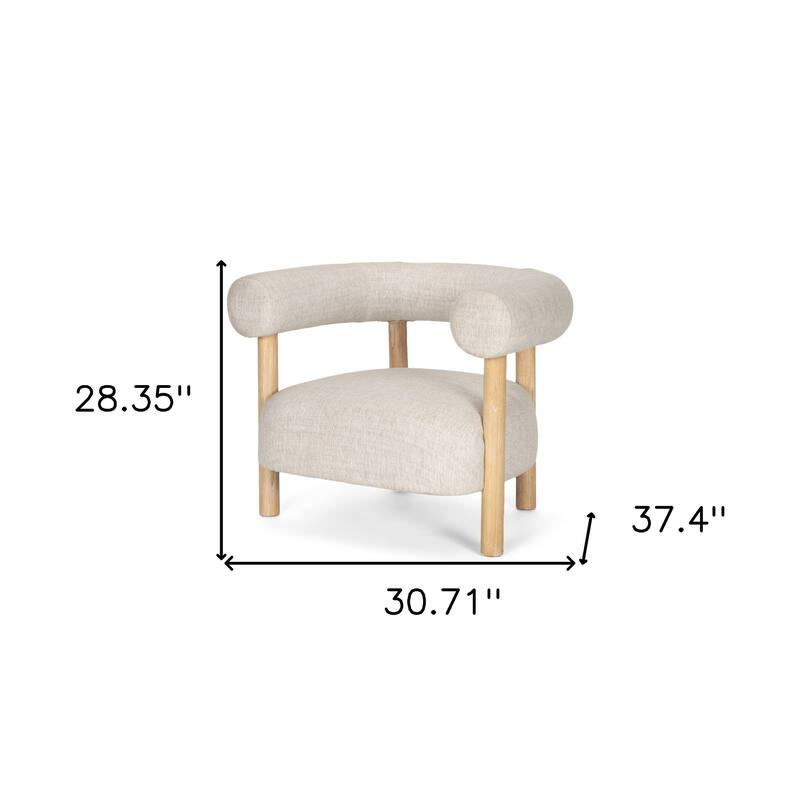 HomeRoots 31" Cream and Natural Linen and Solid Wood Barrel Chair - 30.71 in. x 28.35 in. x 37.40 in.