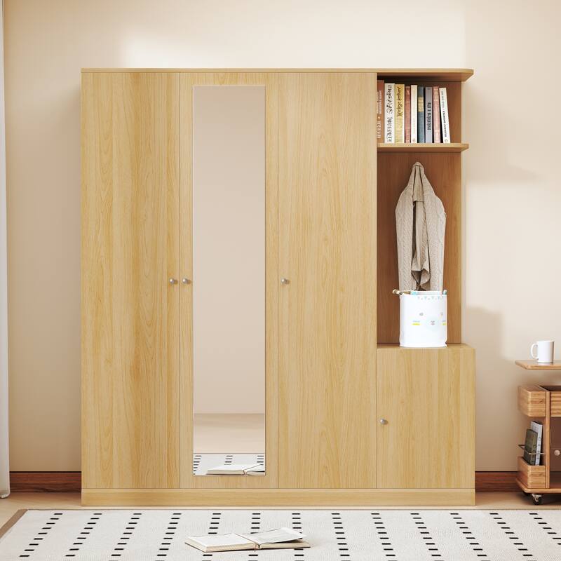 4-Door Wardrobe with Full-Length Mirror - Storage Closet with Hanging Rods, Shelves & Drawers for Bedroom Organization