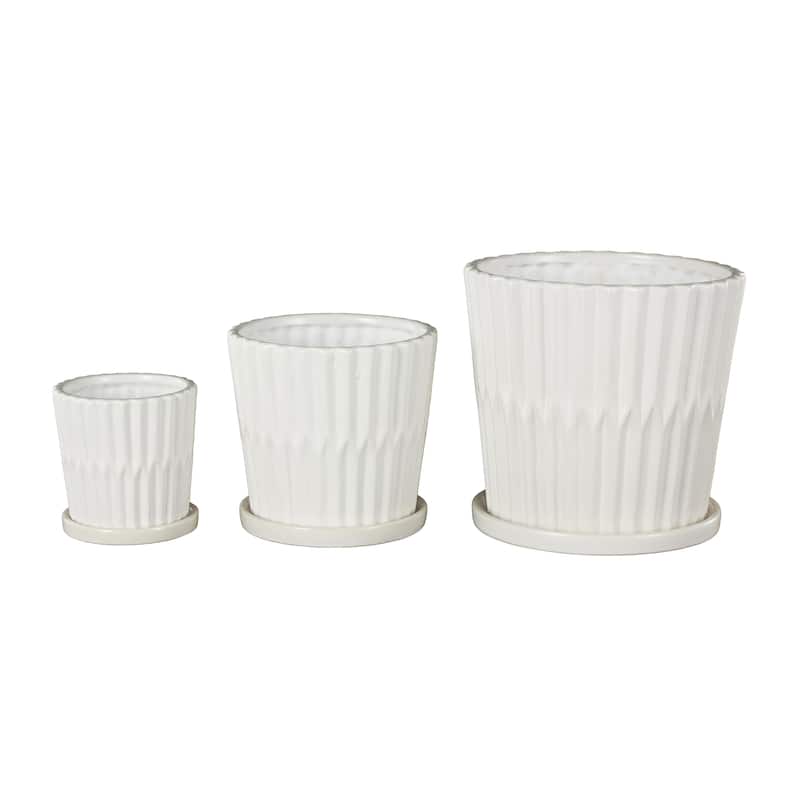 Ceramic Ribbed Indoor Outdoor Planter with Attached Saucer - Set of 3 Black or White - Roche River Decor