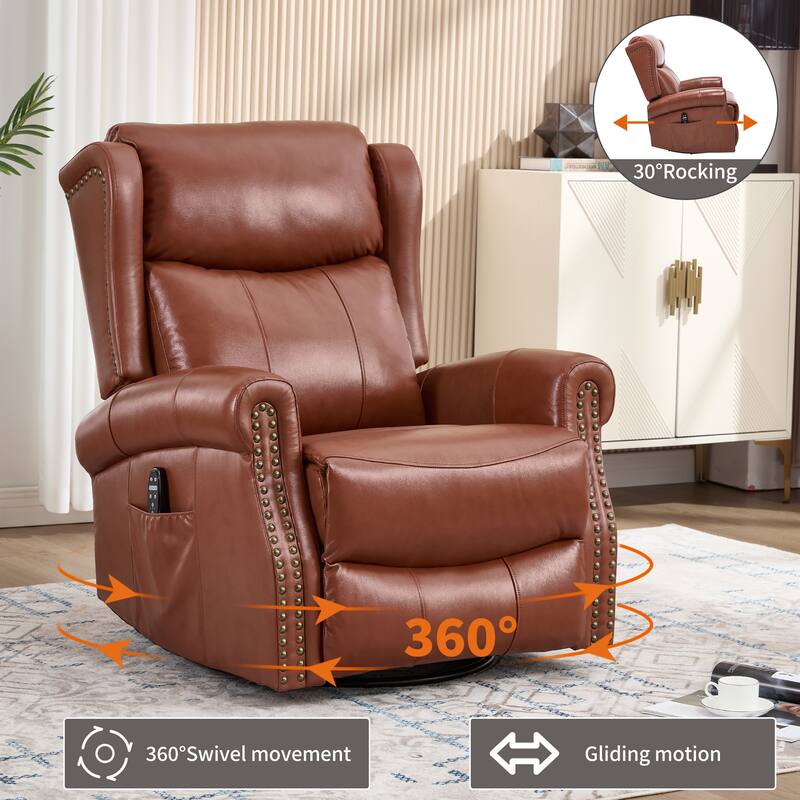 Genuine Leather Swivel Recliner Chair, Sofa Chair with Side Pockets, Manual Recliner Chair with Heat & Massage