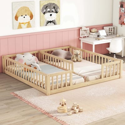 Double Twin Floor Bed with Fence and Guardrails, without door