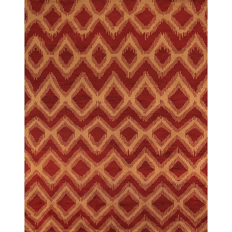 Hand Knotted Oriental 100% Wool Carpet Modern Geometric Red Moroccan Area Rug - 9' 7'' X 7' 11''