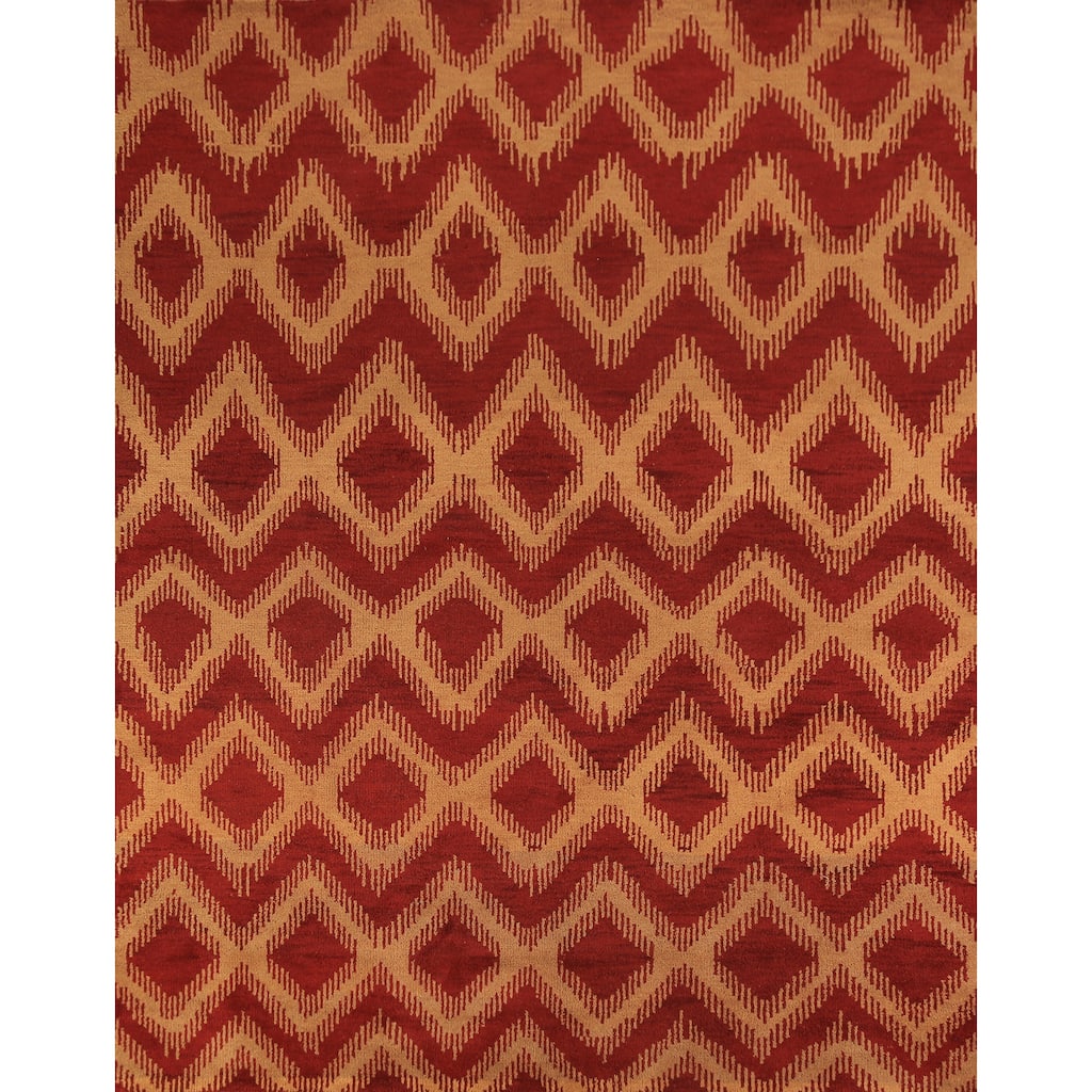 Hand Knotted Oriental 100% Wool Carpet Modern Geometric Red Moroccan Area Rug - 9' 7'' X 7' 11''