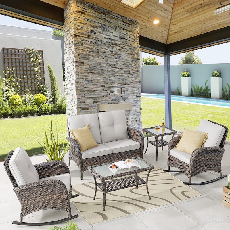 Patio Loveseat Sofa Rocking Chair Coffee Table - Beige - Brown