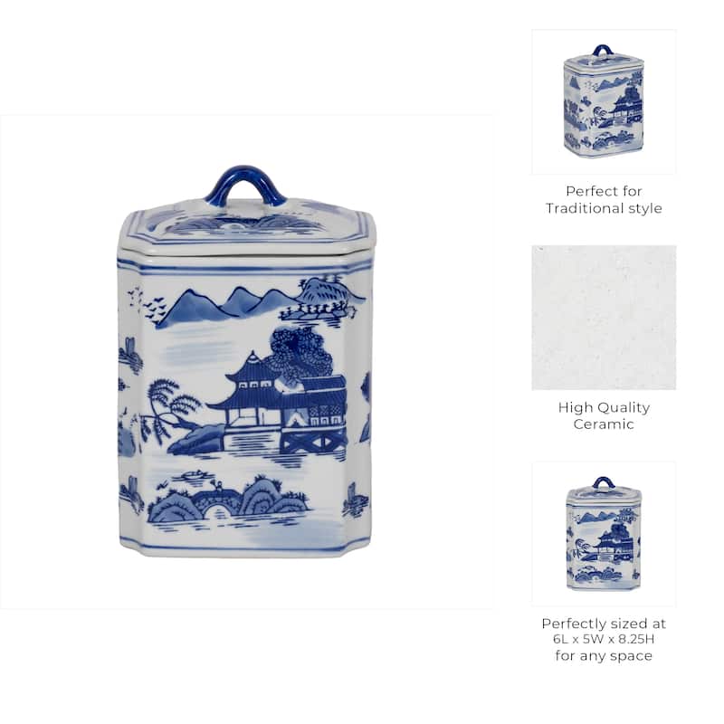 Sagebrook Home Stoneware Ceramic Chinoiserie Decorative Container with Lid