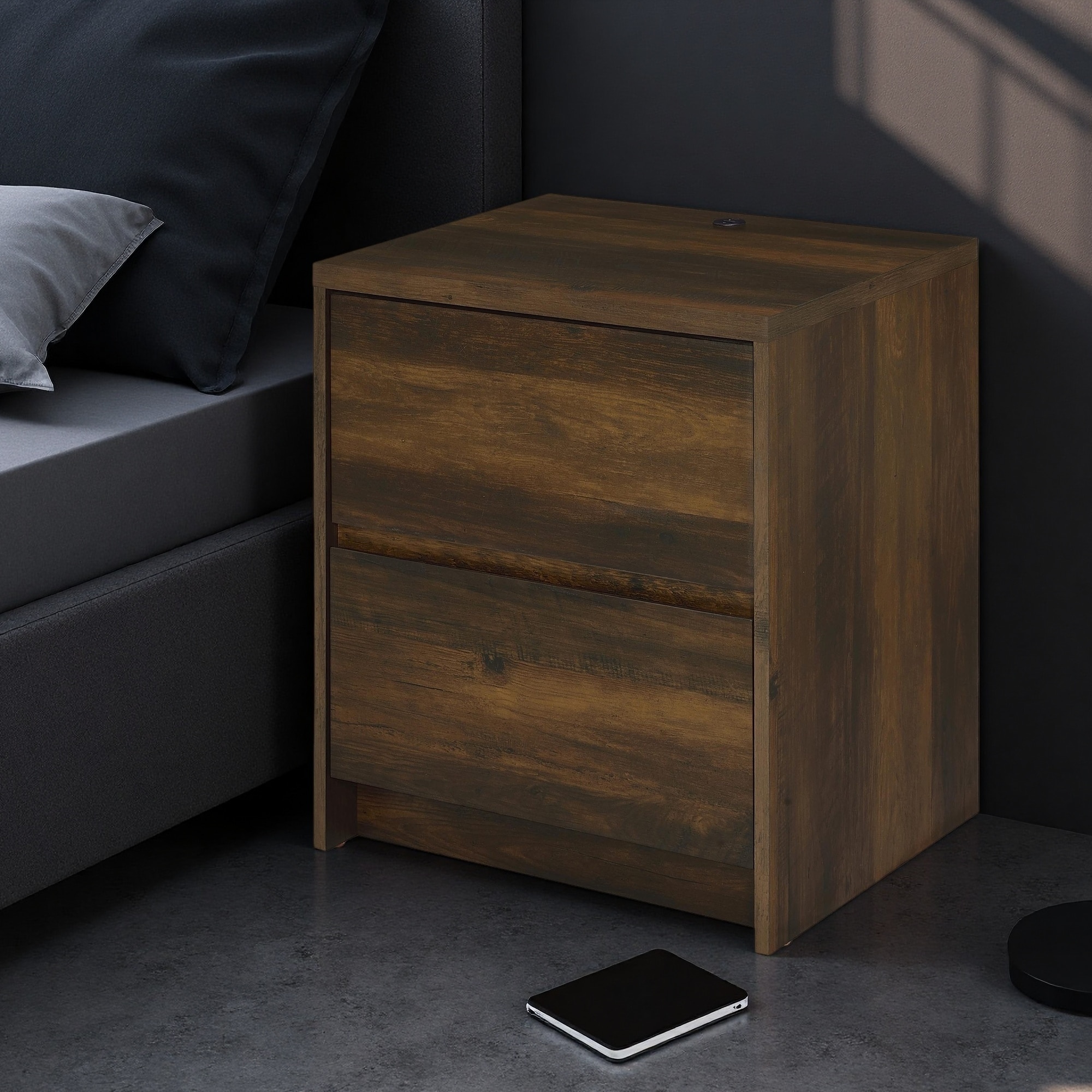 19.75"L Engineered Wood Pine Nightstand with 2 Drawers - LED Motion Light & Dual USB Charging Ports