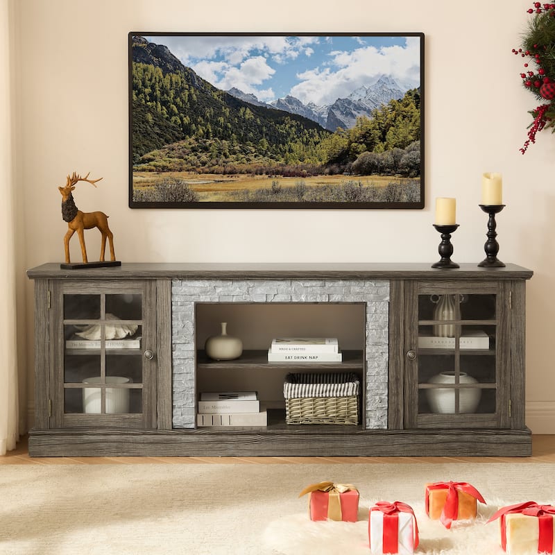 GDFStudio Alice Wood 70" TV Stand with Faux Stone Surround and 2 Door Storage - Grey