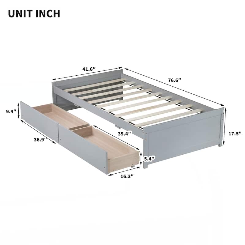 Twin Size Bed with 2 Drawers, Solid Rubber Wood Bed
