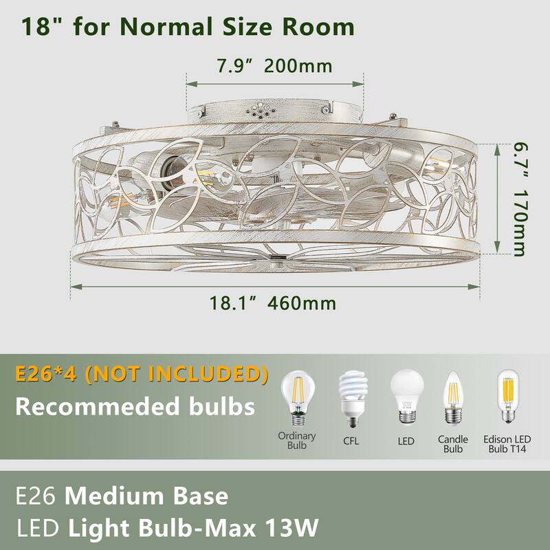 Vintage Cage Ceiling Fan Light with 6 Speed Wind Adjustment and Remote Control, DC Reversible Motor for Bedroom and Living Room