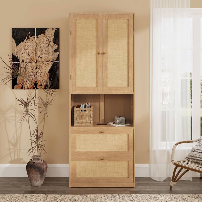 2-Door Bookshelf with USB Port and 3 Drawers, Side Cabinet Storage Shelves