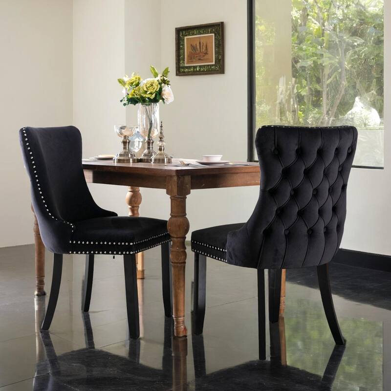 Upholstered Wing-Back Dining Chair with Backstitching Nailhead Trim and Solid Wood Legs,Set of 2