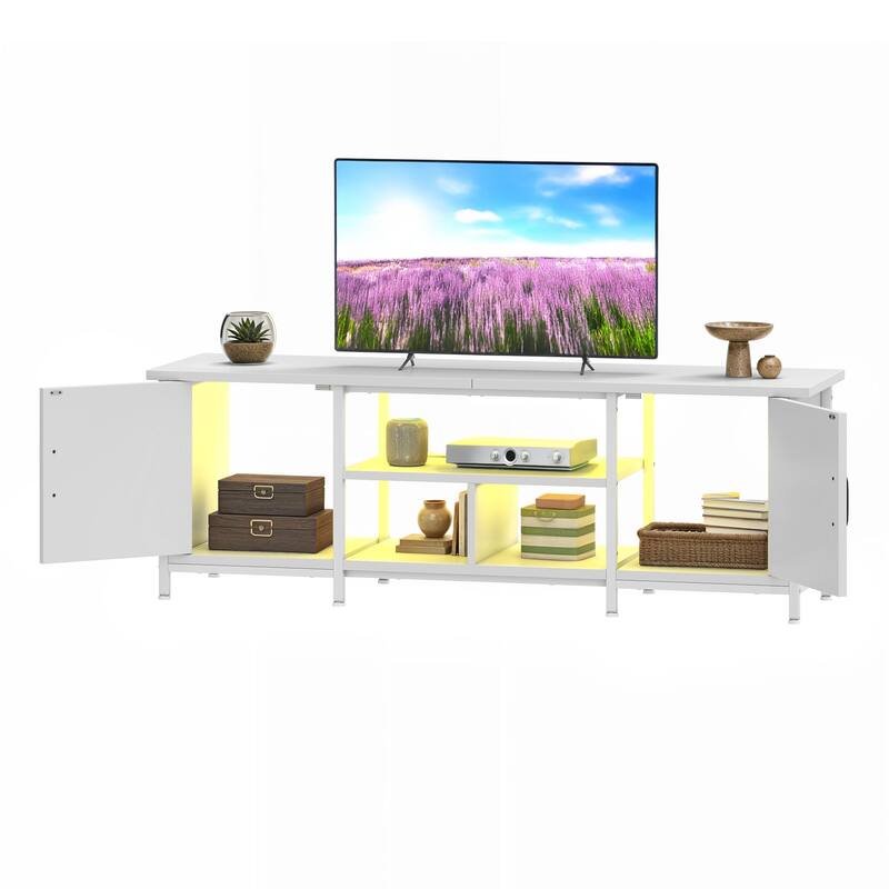 Moasis Farmhouse TV Stand with LED & Charging, Storage Cabinet and Shelves for TVs up to 70", Black