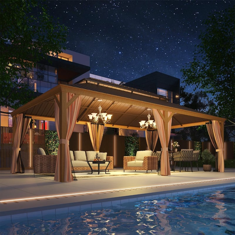 Outdoor Hardtop Gazebo with Galvanized Steel Double Roof & Aluminum Frame, Outdoor pergola with Premium Curtains and Nettings - 14'x24' - Wood Grain