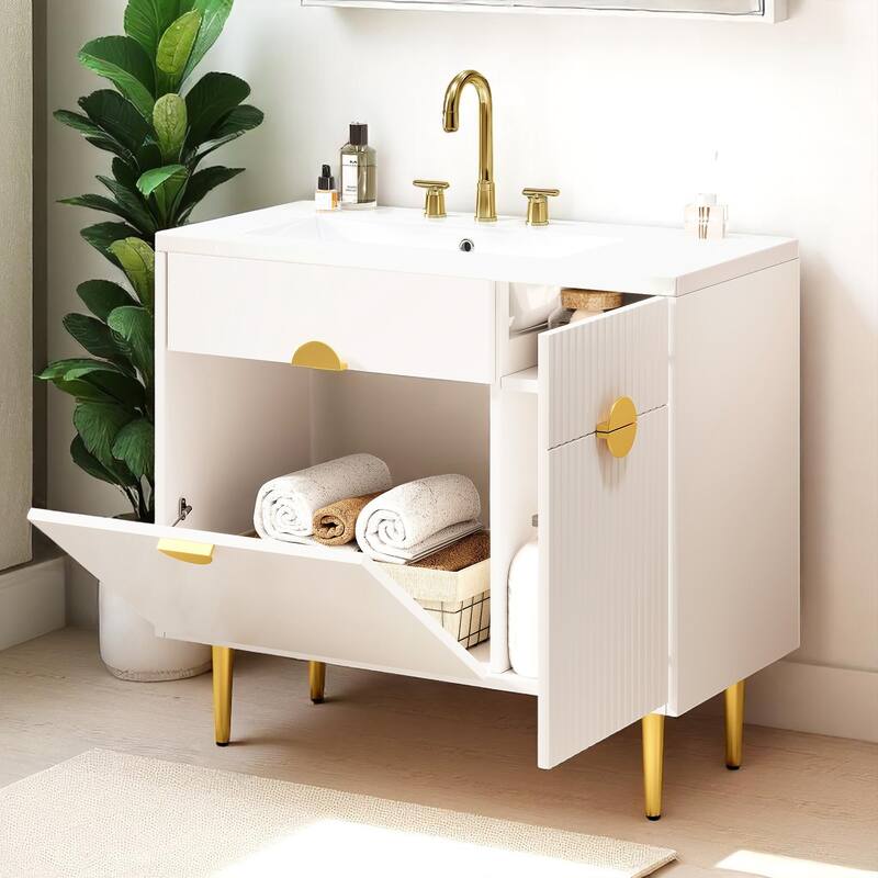 Modern 36 Inch Bathroom Sink Vanity with Resin Basin, Soft-Close Storage Doors, Pine MDF Cabinet