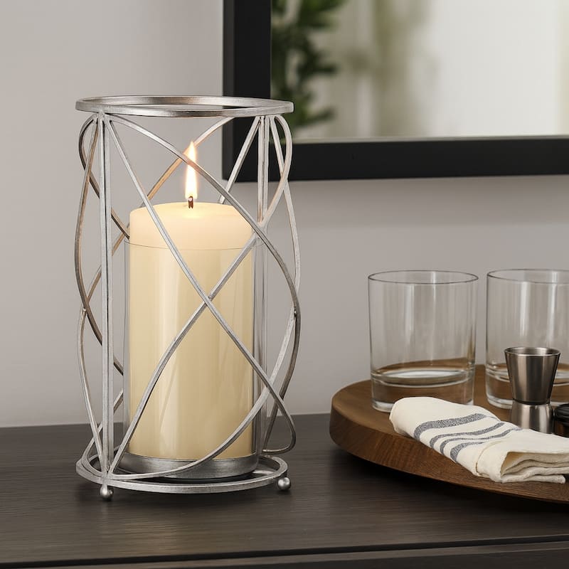 Metal Glass Open Frame Pillar Candle Holder - Silver/ Metallic - 13.0"