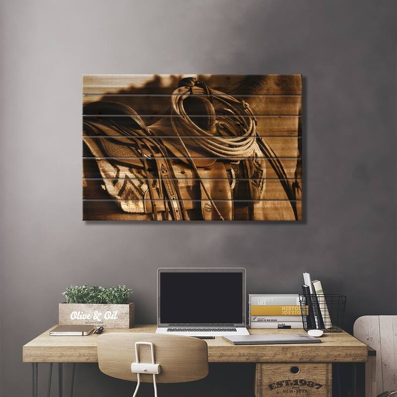 Western Saddle Print On Wood by Rhonda Thompson - Multi-Color