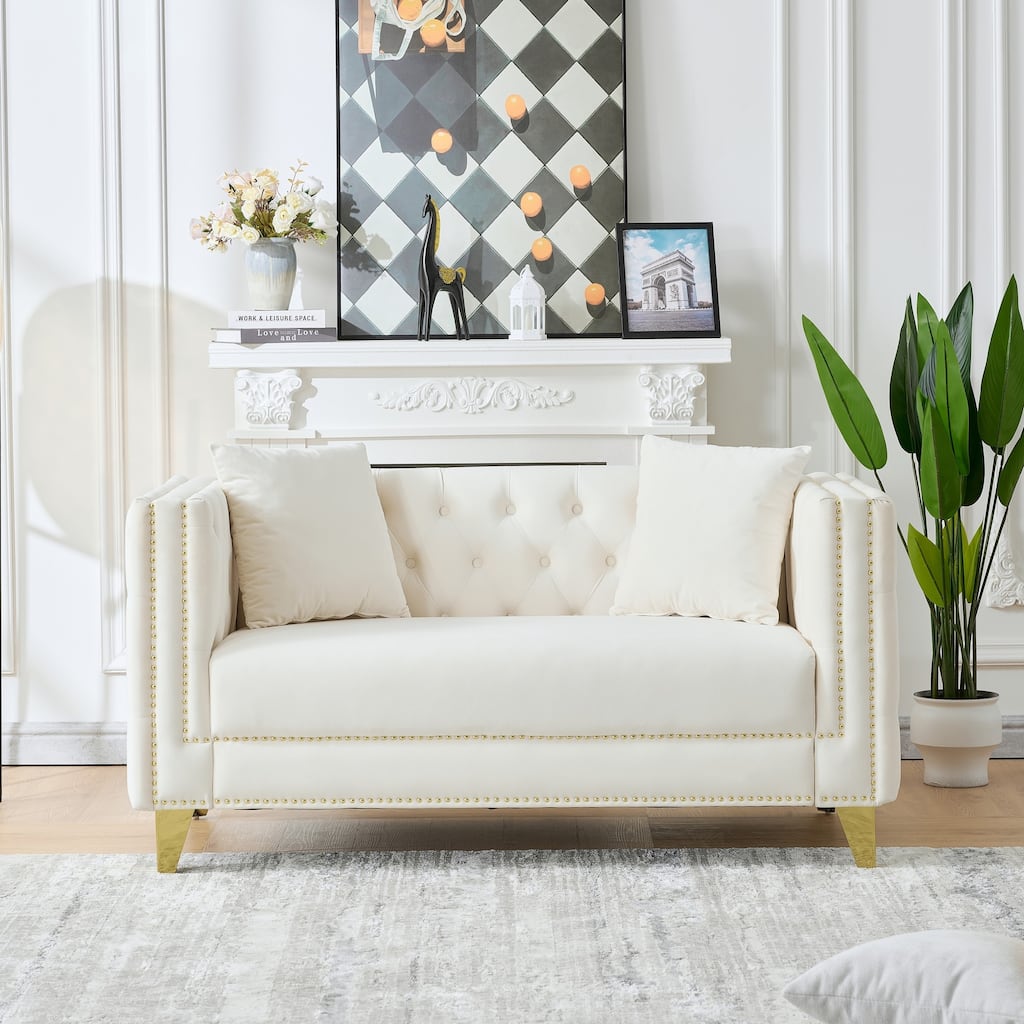 Roomfitters 58" Modern Tuxedo Loveseat with Buttoned Back and Gold Legs, Upholstered Couch with Double Nailhead Trim