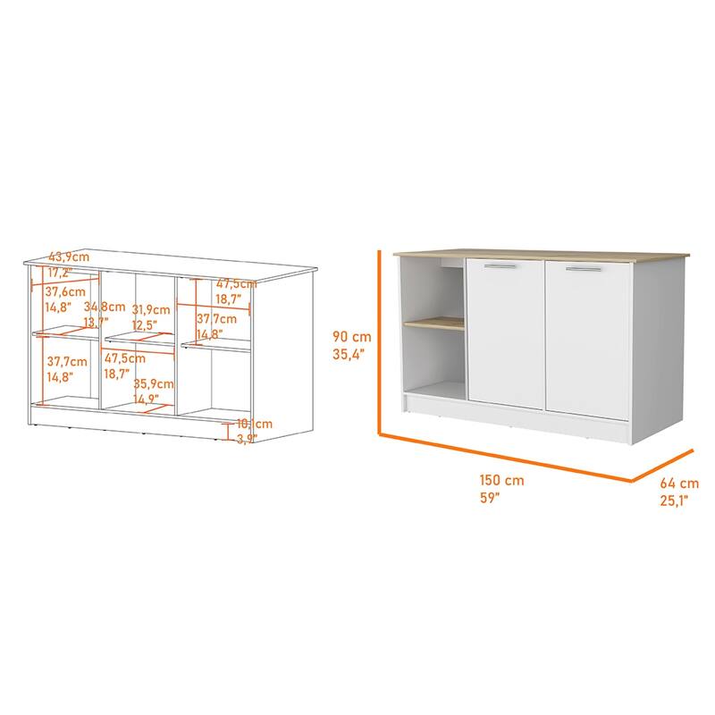 59" Kitchen Island with Large Countertop, Double-Door Cabinets, and Open Shelves, Ideal for Storage & Workspace