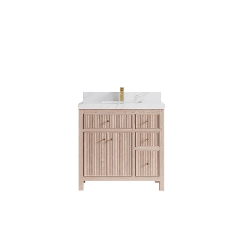 Willow Collections 36 x 22 Sonoma Oak Wood Center Sink Left Bathroom Vanity with Quartz or Marble Countertop