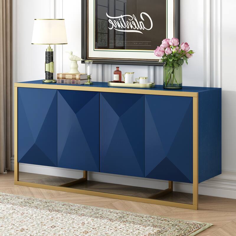 Sideboard Cabinet with 4 Doors, Kitchen Buffet Cabinet with Metal Legs, Storage Cabinet with Adjustable Shelves - Navy Blue