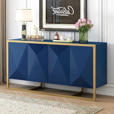 Wood Sideboard Cupboard with Adjustable Shelves, Storage Cabinet with 4 Irregular Door and Unique Metal Legs for Hallway
