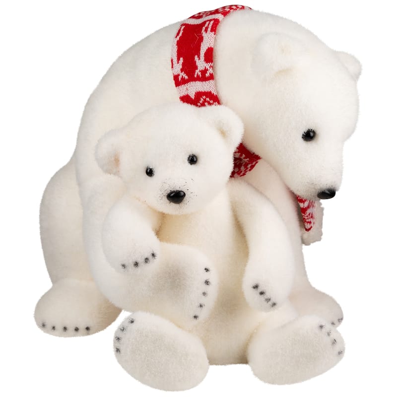 Sitting Polar Bear Mom and Cub Christmas Figure - 14.5" - White and Red