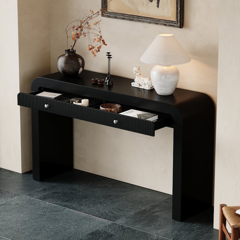 Rustic Console Table with Fluted Drawer Front, Entryway Table with Curved Corners & Thick Legs, Sturdy Sofa Table