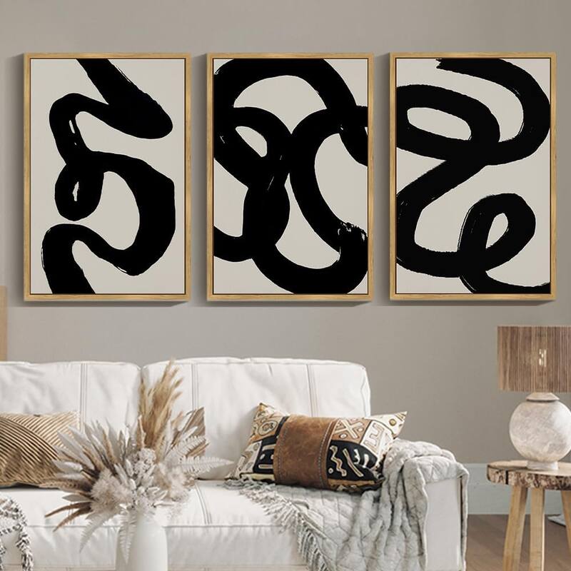 Black Abstract Wall Art Ink Wash Minimalist Lines - 24 x 36
