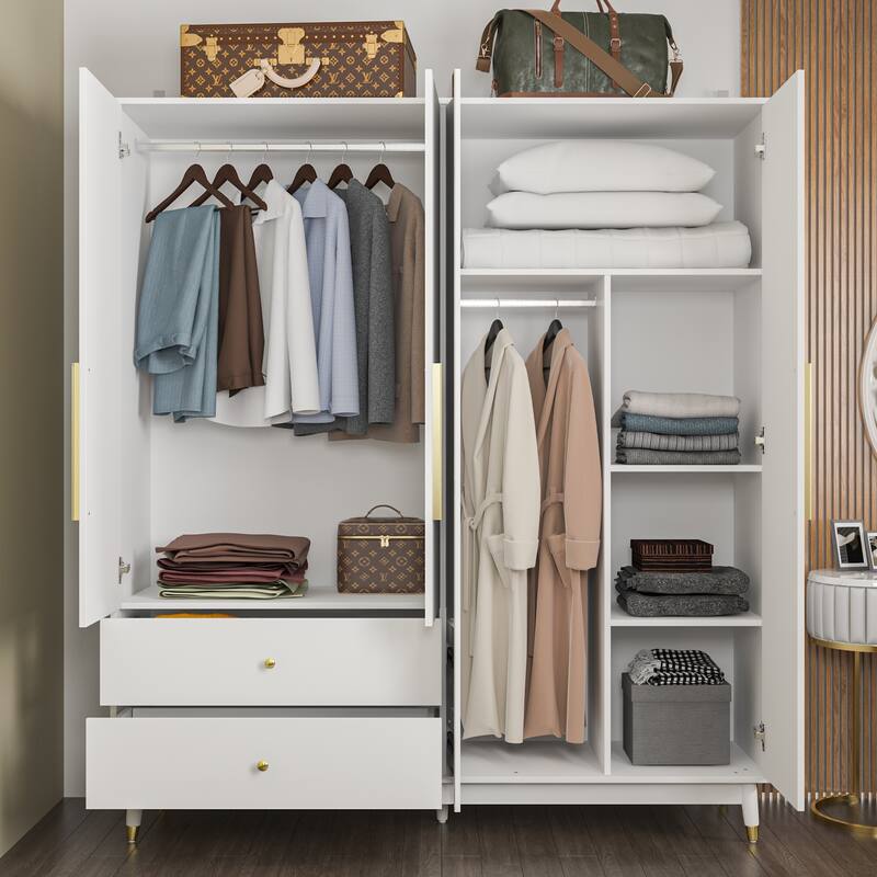 Wooden 2 Drawers 4 Doors Wardrobe Armoire With Mirror (Gray/Black)