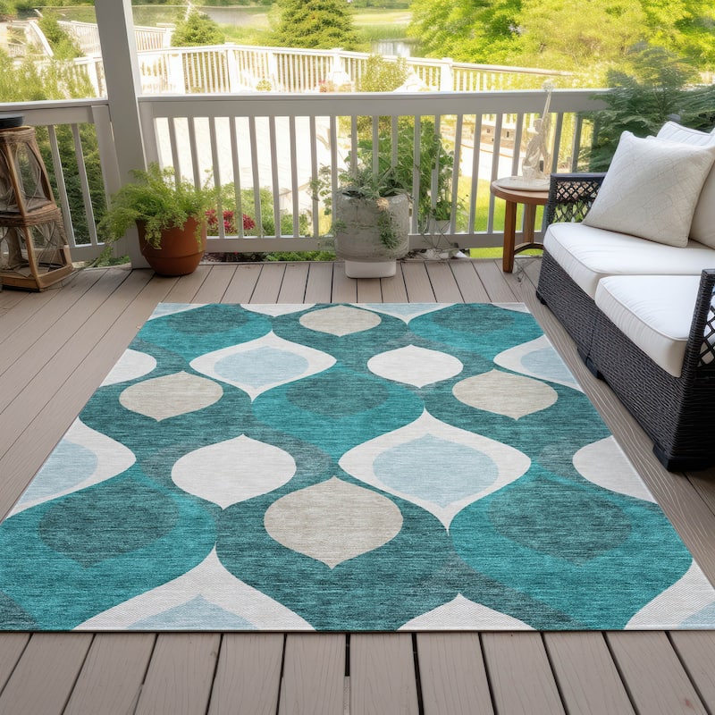 Machine Washable Indoor/ Outdoor Chantille Geo Contemporary Rug - Teal - 5' x 7'6"