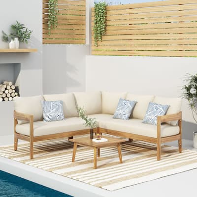 Brooklyn Outdoor Acacia Wood 5 Seater Sectional Sofa Chat Set with Cushions by Christopher Knight Home