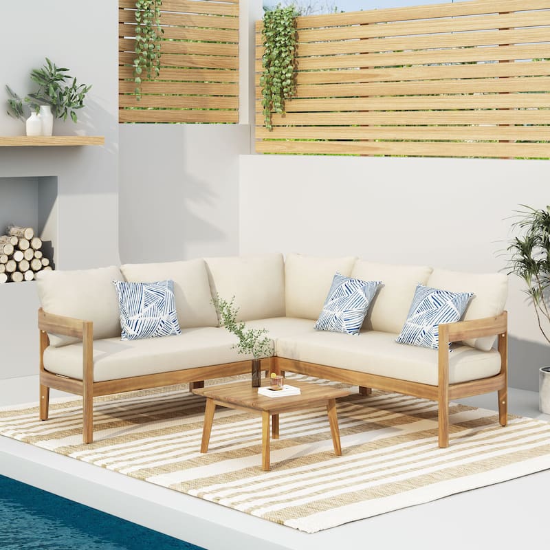 Brooklyn Outdoor Acacia Wood 5 Seater Sectional Sofa Chat Set with Cushions by Christopher Knight Home - Teak/ Beige