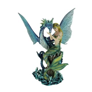 Mermaid Sitting With Blue Sea Dragon Resin Statue 11.75 Inches High - 11.75 X 9.5 X 4.5 inches