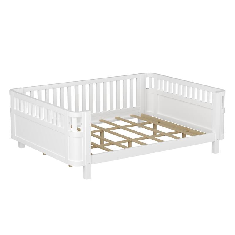 Roomfitters Queen Platform Bed, Low Profile Slatted Daybed with Wooden Frame and Removable Guardrails for Bedrooms