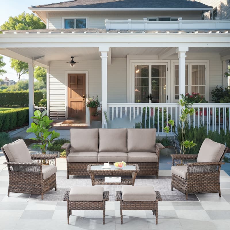 Pocassy Outdoor Swivel Chairs with Sofa Chair Ottoman and Table Set - Brown Wicker Gray Cushion - 6-Piece Sofa Patio Chair Ottoman with Table