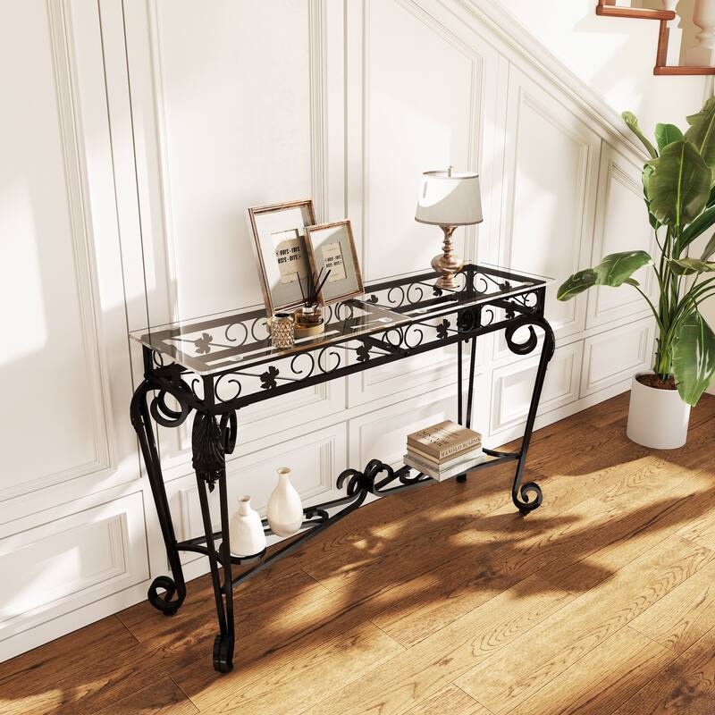 Modern Style Fancy Glass and Metal Console Table - Black