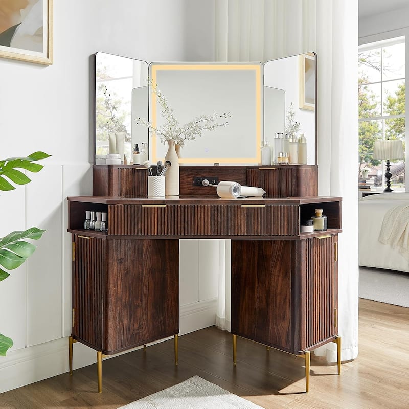 Modern Fluted Makeup Vanity Desk with 3 Way Mirror&Light, Vanity Table - Walnut