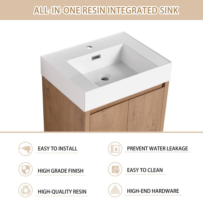 BNK 24/30/48/60 inch Freestanding Resin Sink Bathroom Vanity with Soft Close Door and Adjustable Shelf