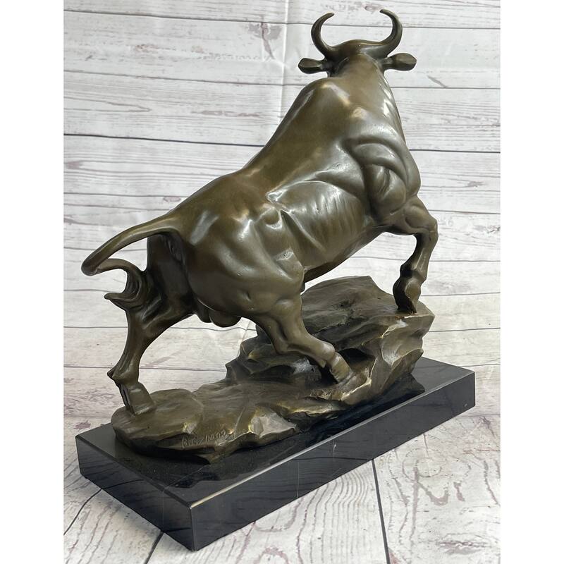 Upward Facing Imitative Bull Bronze Sculpture Statue Marble Base Original Art 12 Inches X 16 Inches