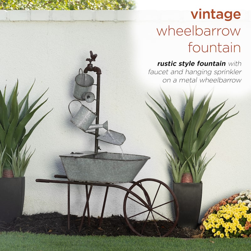 Alpine Corporation 36" Tall Rustic Wheelbarrow and Watering Can Fountain Yard Decoration