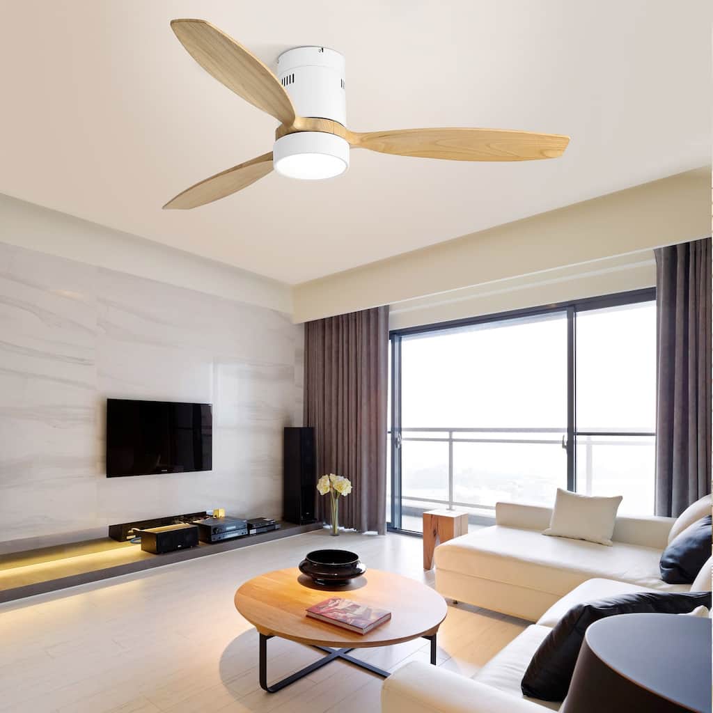 52″ White Flush-Mount Wooden Ceiling Fan with LED Light & Remote - 52