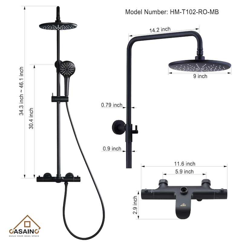 3-Spray Patterns Wall Mount Tub and Thermostatic Rain Shower Faucet with Handheld Shower Head Combo - 9" x 9"