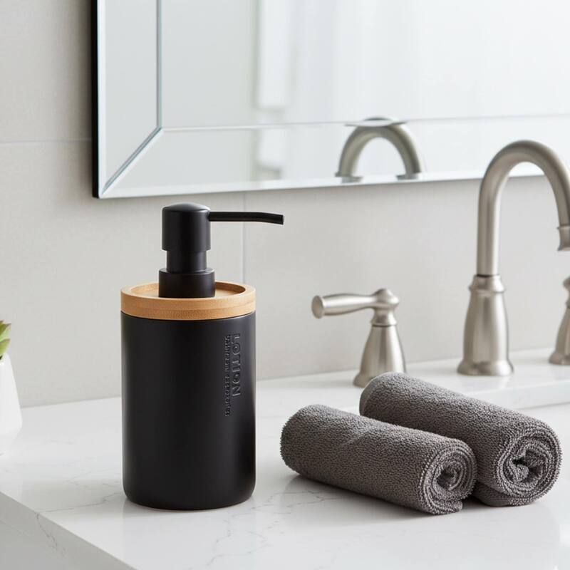 Elegant Soap Dispenser - Polyresin and Bamboo Design, Refillable Liquid Pump - 3 L x 3 W X 7 h