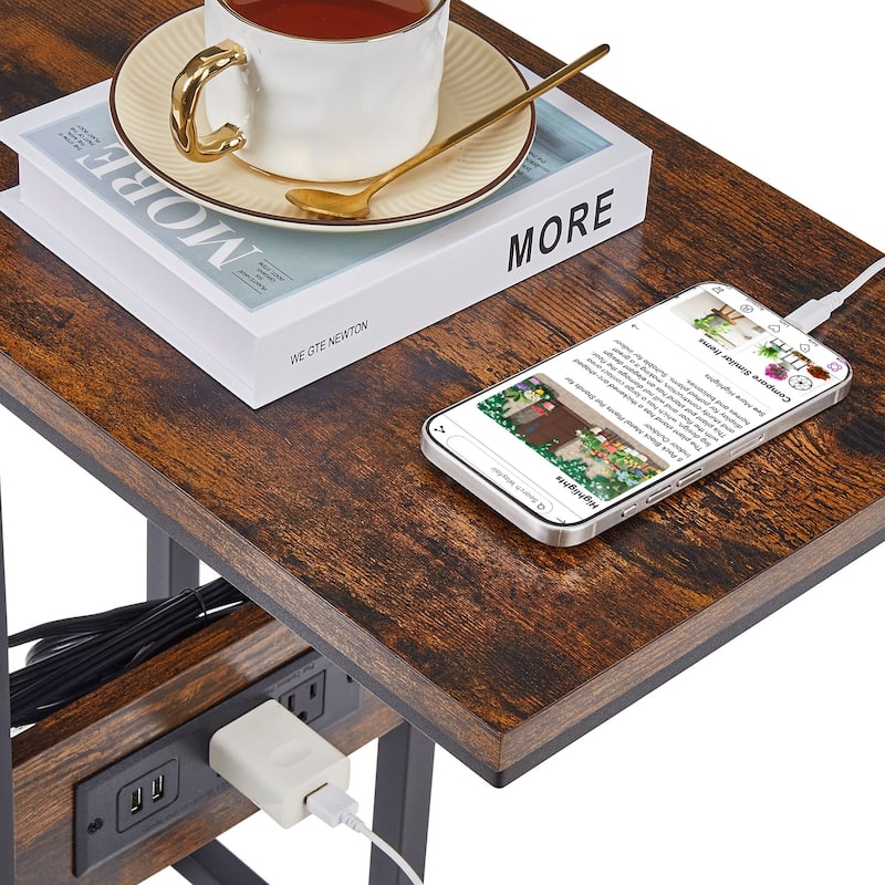 Javlergo Set of 2 C-Shaped End Tables with Charging Station Outlets & USB Fits Sofa Bed for Small Spaces Nightstand & Sofa Table