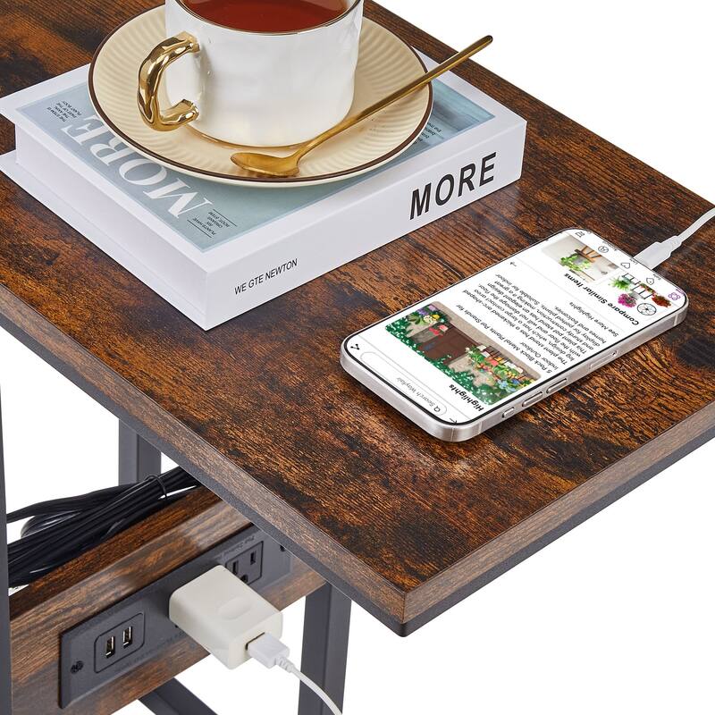 VECELO C Shaped End Table with Charging Station Sofa Table with USB Ports and Outlets C Couch Rustic Snack Bed Table - 11x19x24