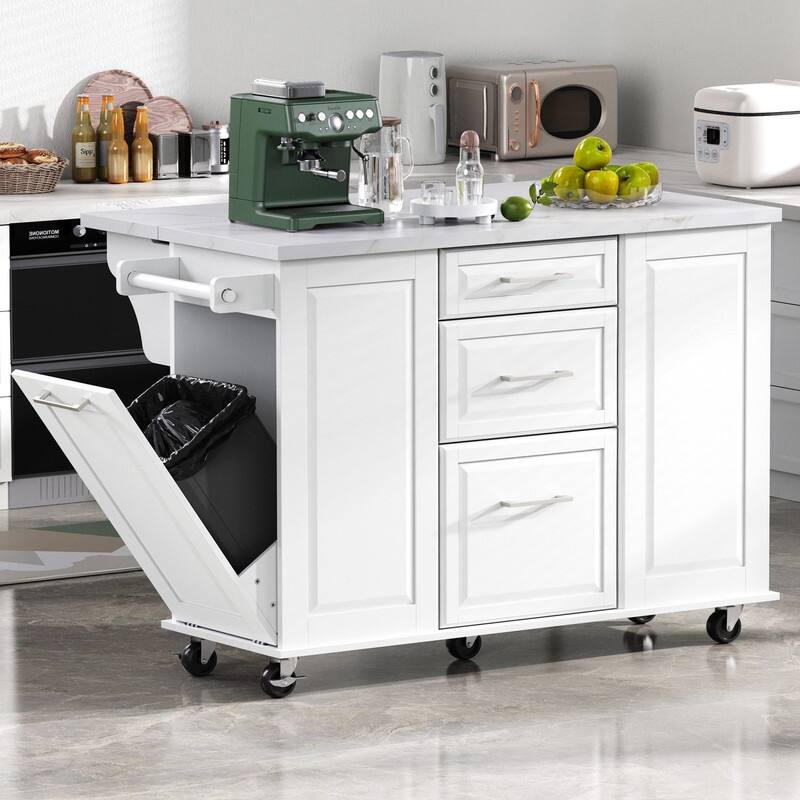 50.7" Kitchen Island with Storage and Concealed Trash Can, Rolling Kitchen Island on 5 Wheels with Drop Leaf, Drawers and Door