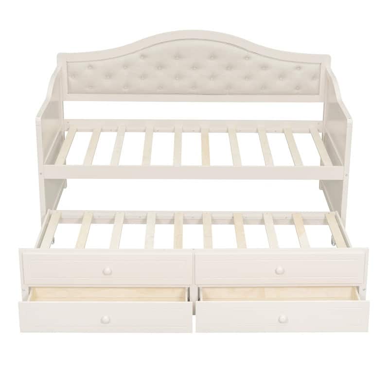 Twin Size Daybed with Trundle, 2 Storage Drawers and Upholstered Button Tufted Backrest