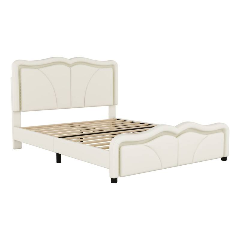 Full Size Upholstered Platform Bed with Height-adjustable Headboard, LED